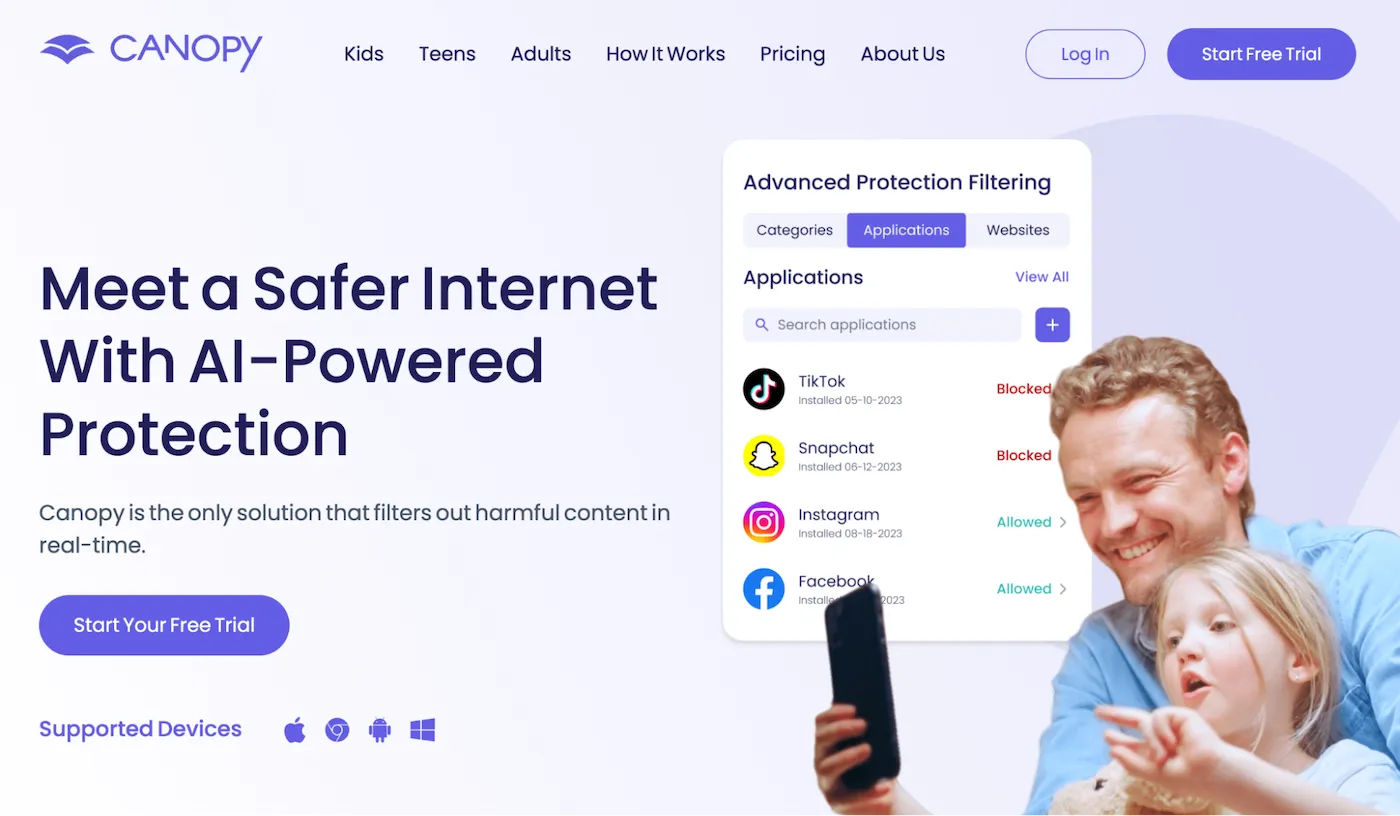 Canopy homepage A screenshot of the Canopy homepage showing a parent and a child looking at a screen offering app blocking
